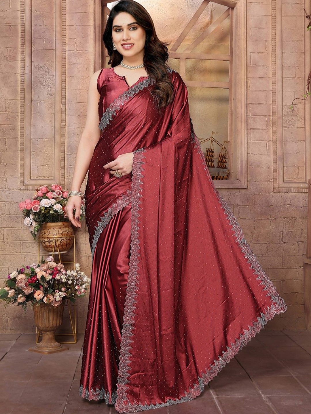 

KALINI Embellished Beads and Stones Satin Saree, Maroon