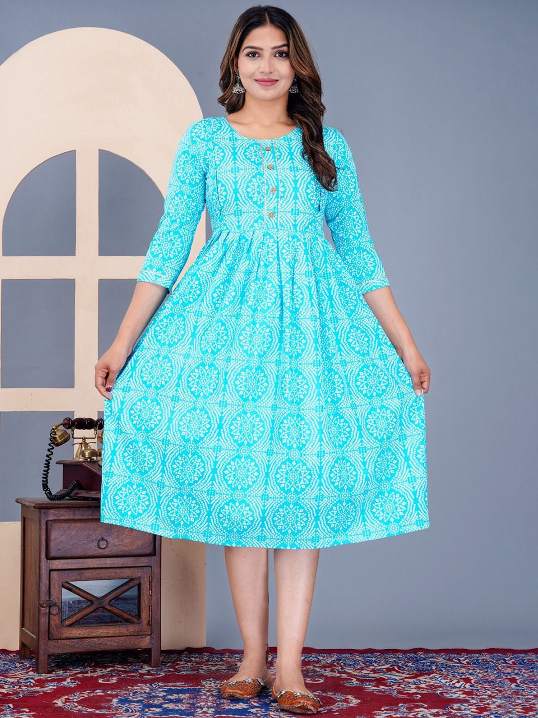 

clothonus Asha Bandhani Printed Round Neck Fit & Flare Maternity Ethnic Dress, Turquoise blue