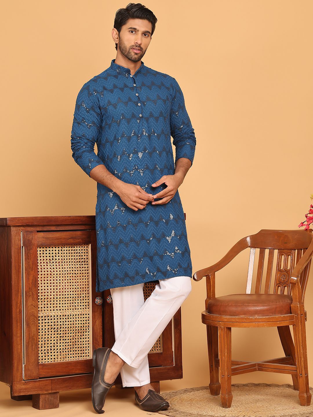 

Jompers Chevron Embroidered Sequinned Work Straight Kurta With Pyjamas, Blue