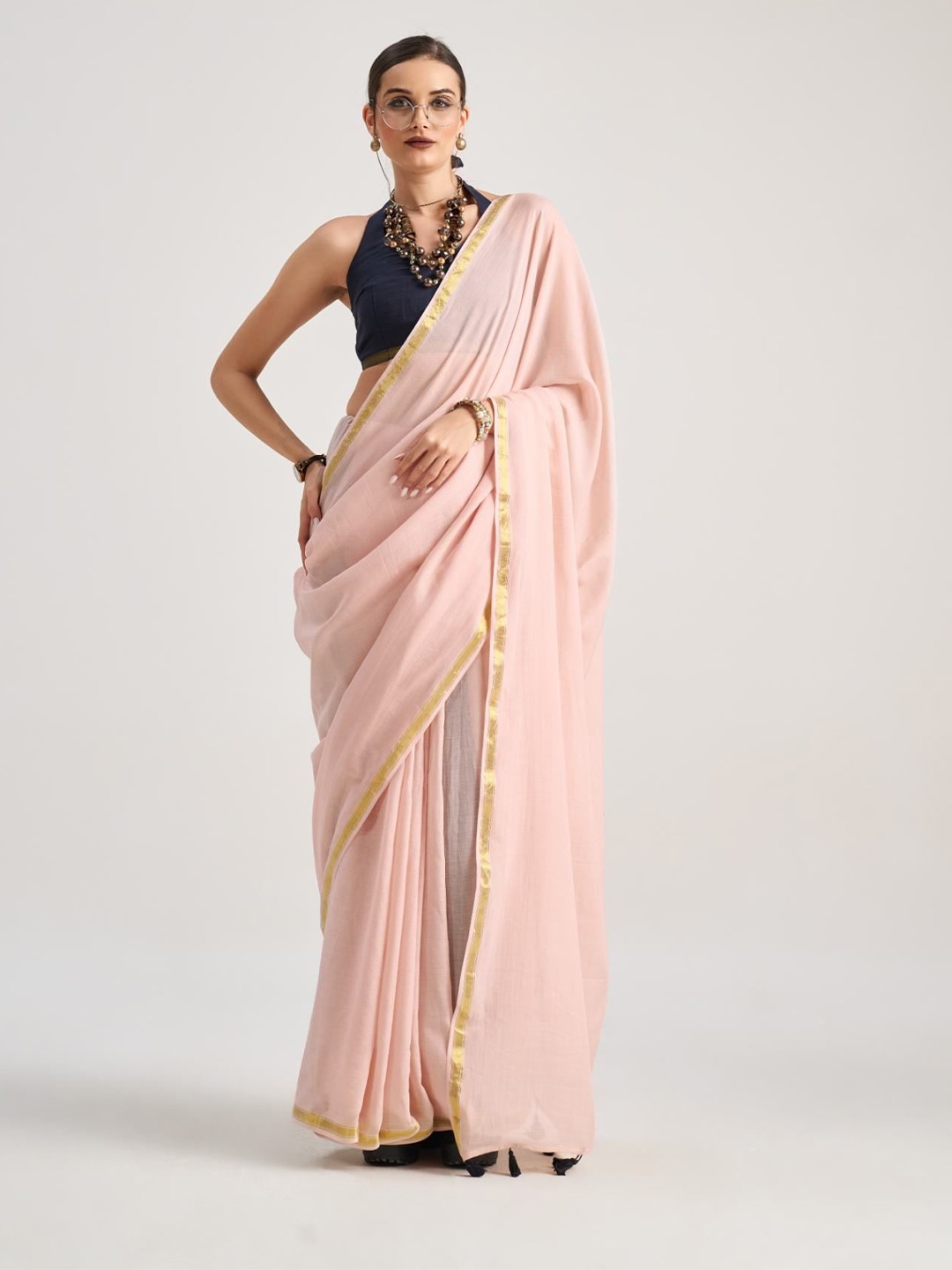 

PEENGAX Zari Pure Georgette Chanderi Saree, Peach