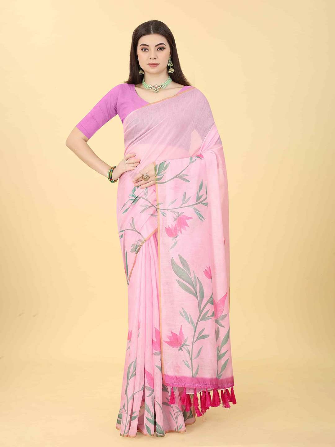 

DIVASTRI Chanderi Cotton Digital Printed Floral Saree with Tassels, Pink