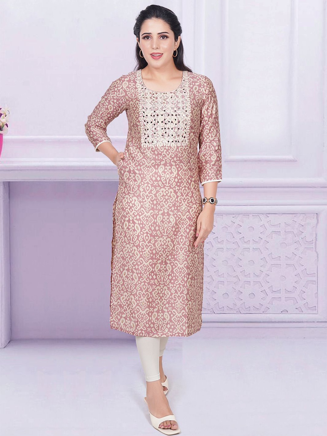 

KRITHA Printed Pure Chanderi Silk Kurta, Peach