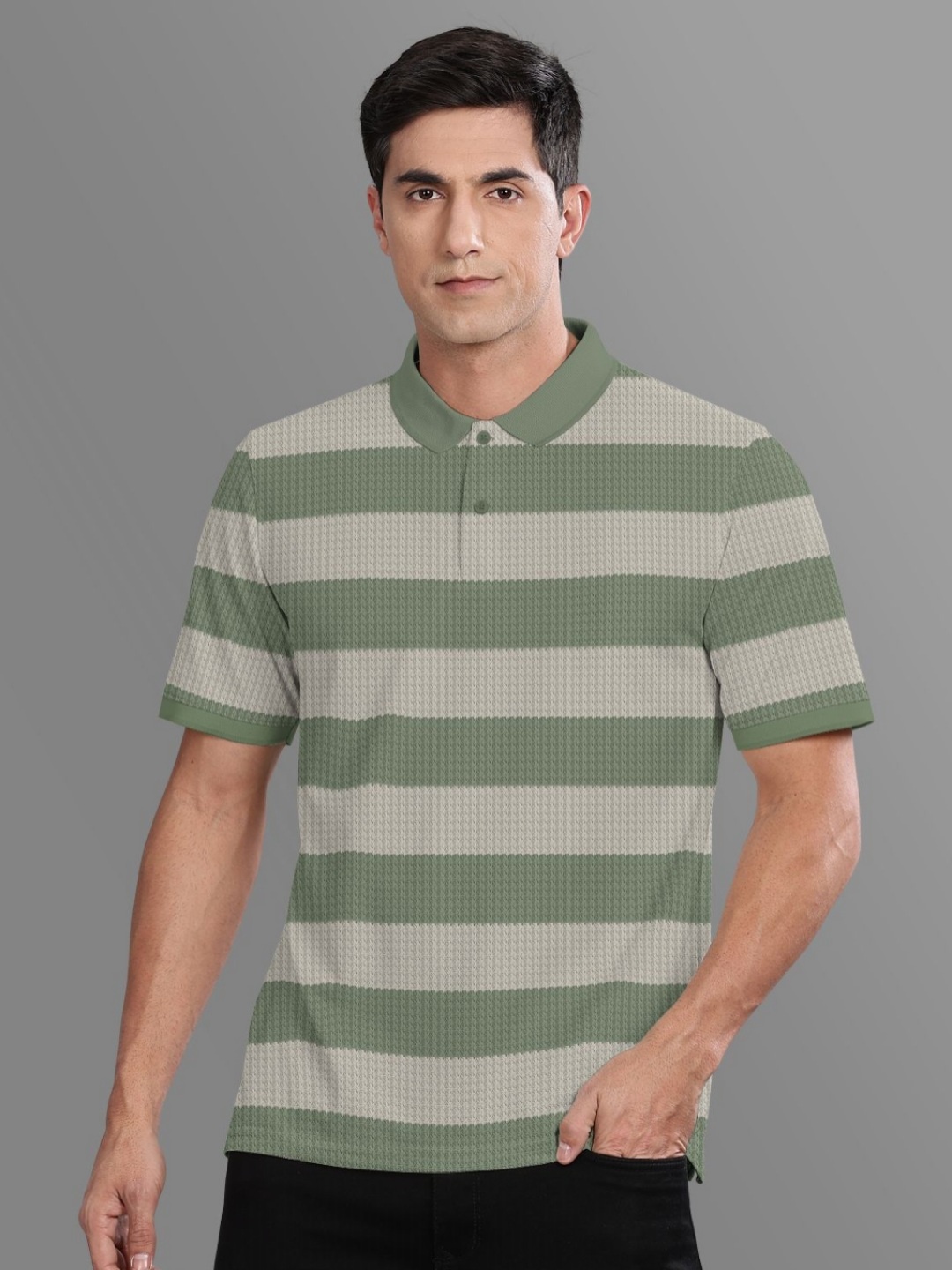 

BULLMER Men Striped Polo Collar Cotton T-shirt, Olive