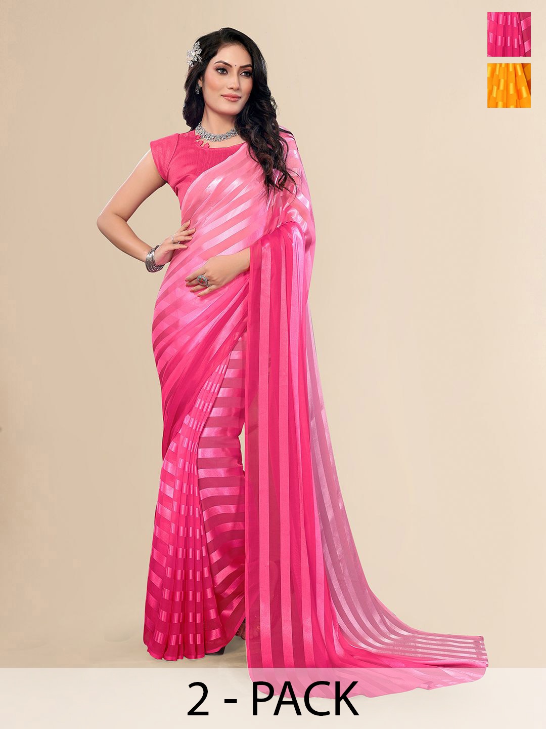 

Moda Rapido Pack Of 2 Striped Satin Saree, Pink
