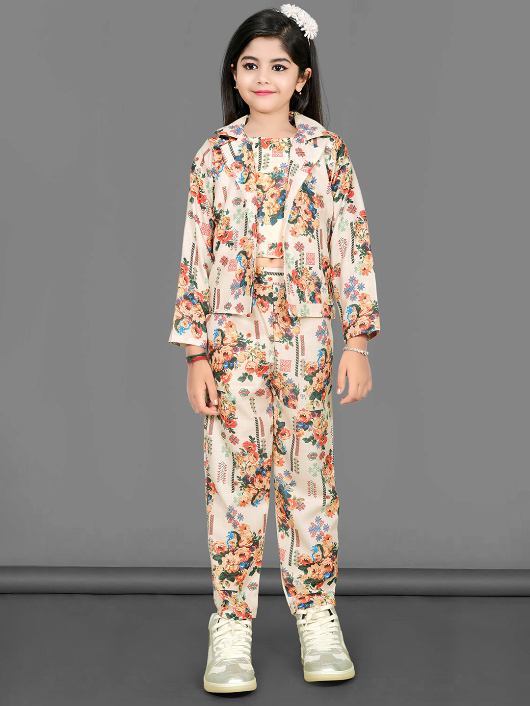 

FEBVIBE Girls Printed Top with Trousers, Cream