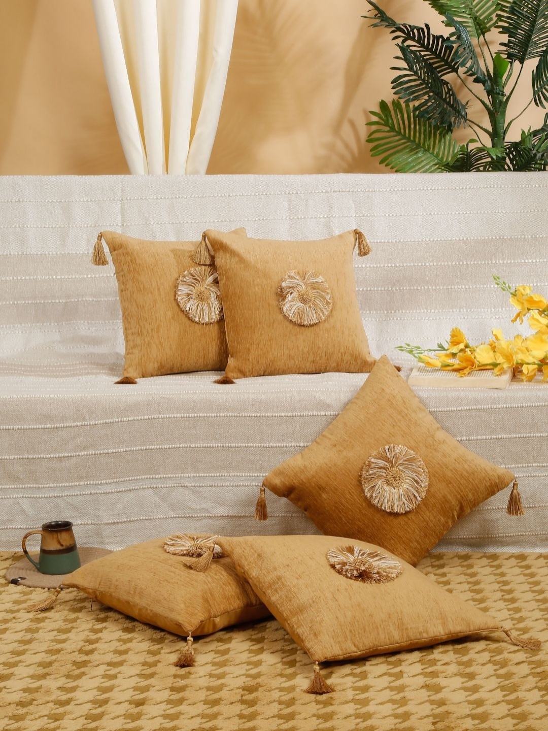 

SOKNACK Camel Brown 5 Pieces Embroidered Velvet Square Tasselled Cushion Covers