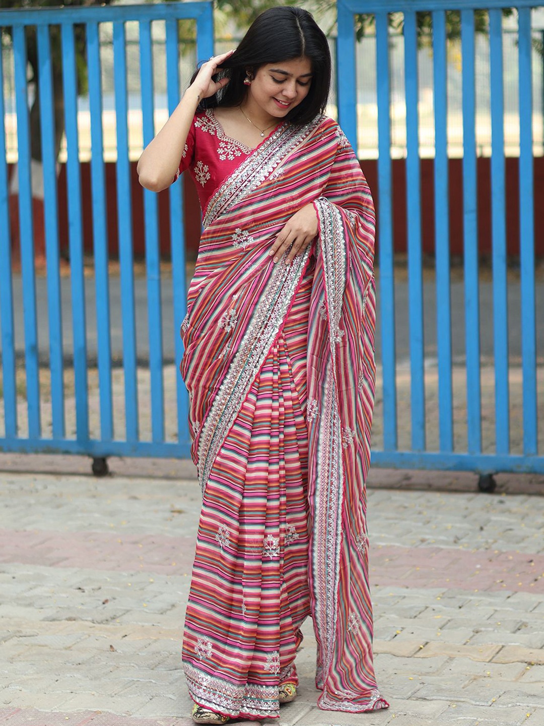 

Mitera Striped Sequinned Organza Saree, Pink