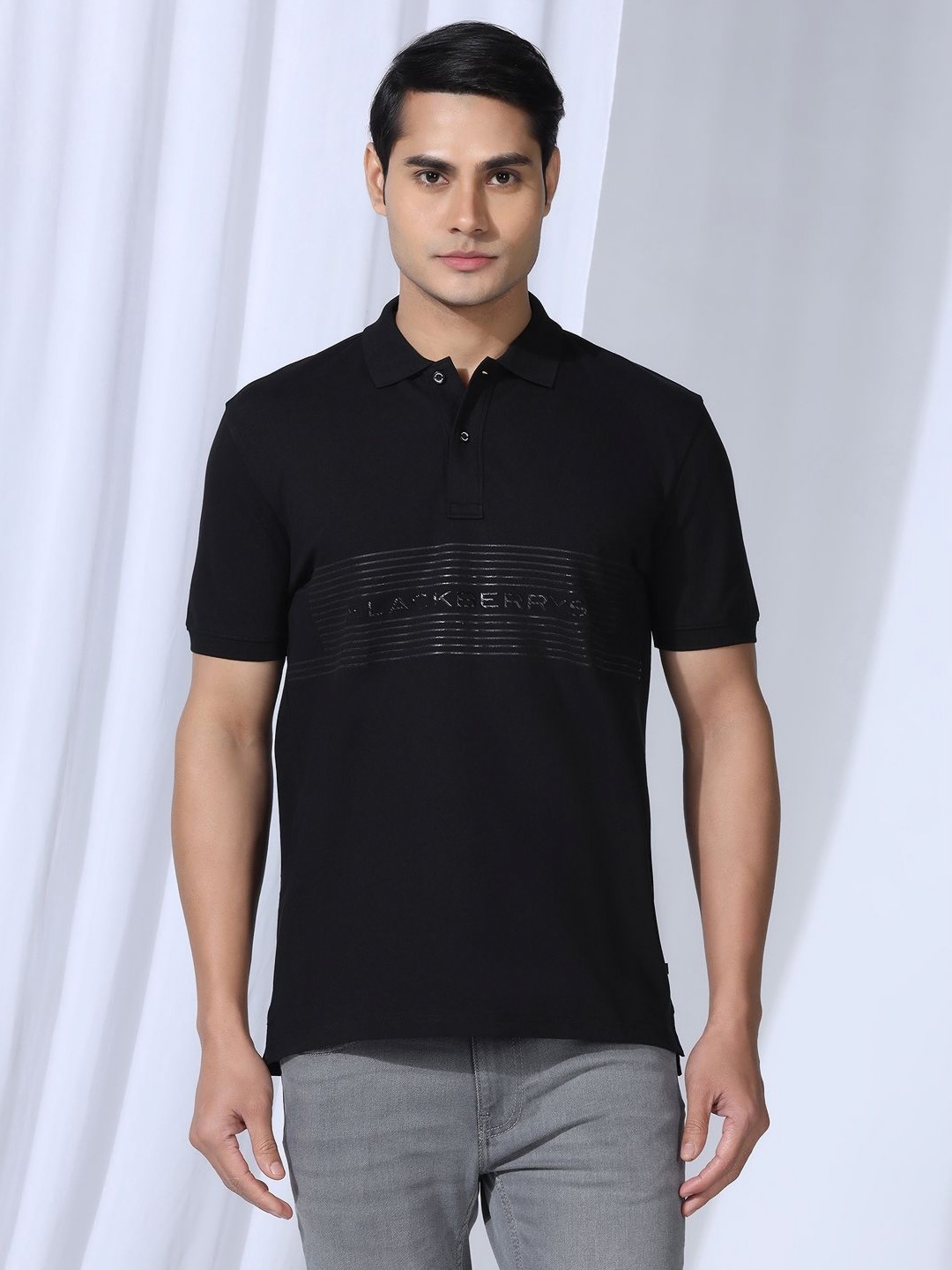 

Blackberrys Men Typography Printed Polo Collar Cotton Slim Fit T-shirt, Black
