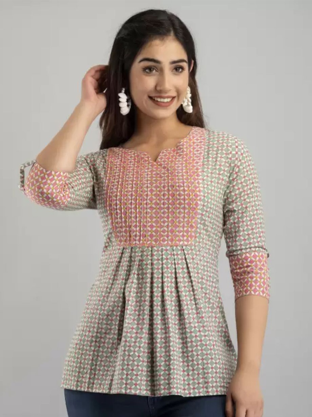 

Rangun Women Checked Pleated A-Line Top, Green