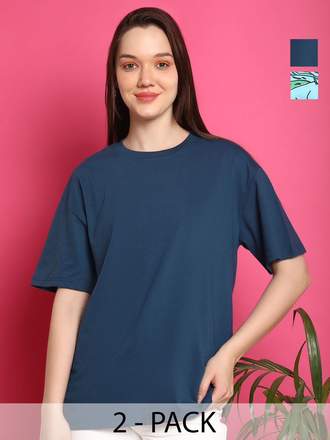 

Metronaut Women Pack Of 2 Graphic Printed Round Neck Cotton Oversized T-shirts, Teal