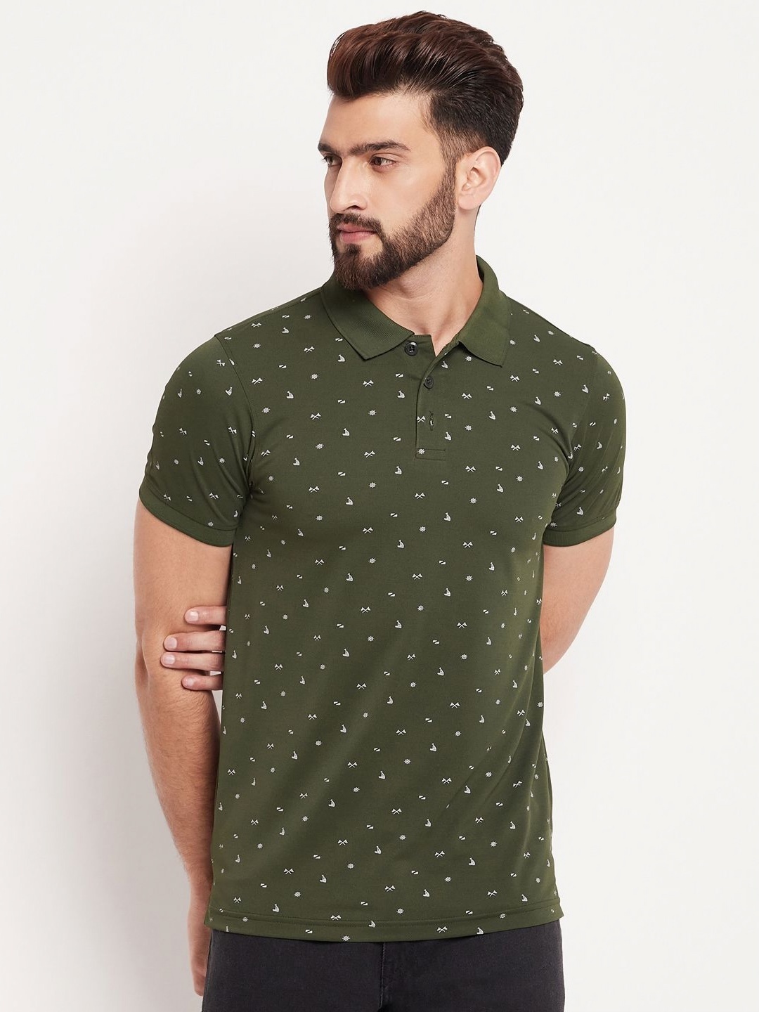 

AUXAMIS Men Printed Polo Collar Pockets T-shirt, Olive