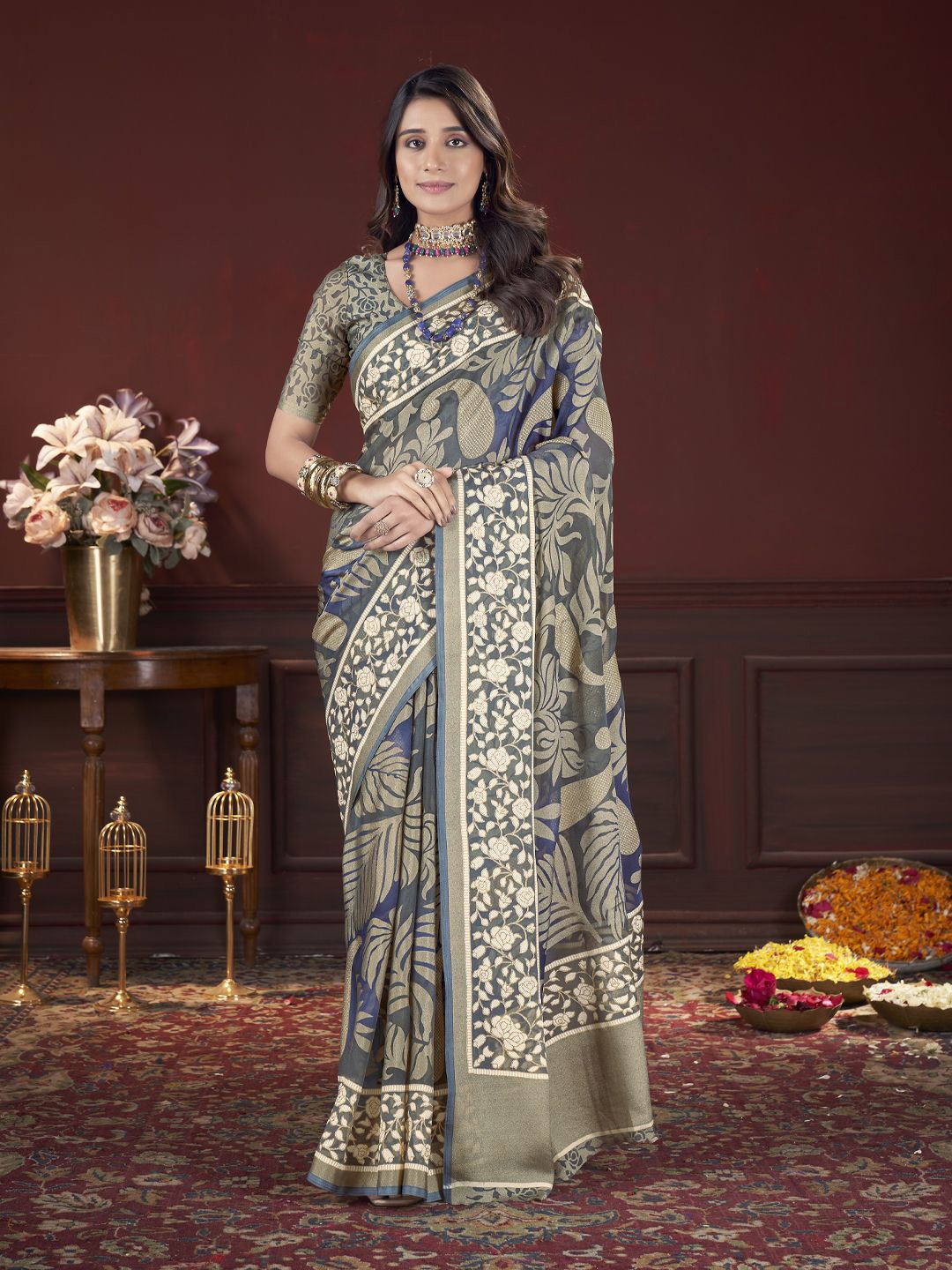 

Mitera Floral Printed Zari Brasso Saree, Brown