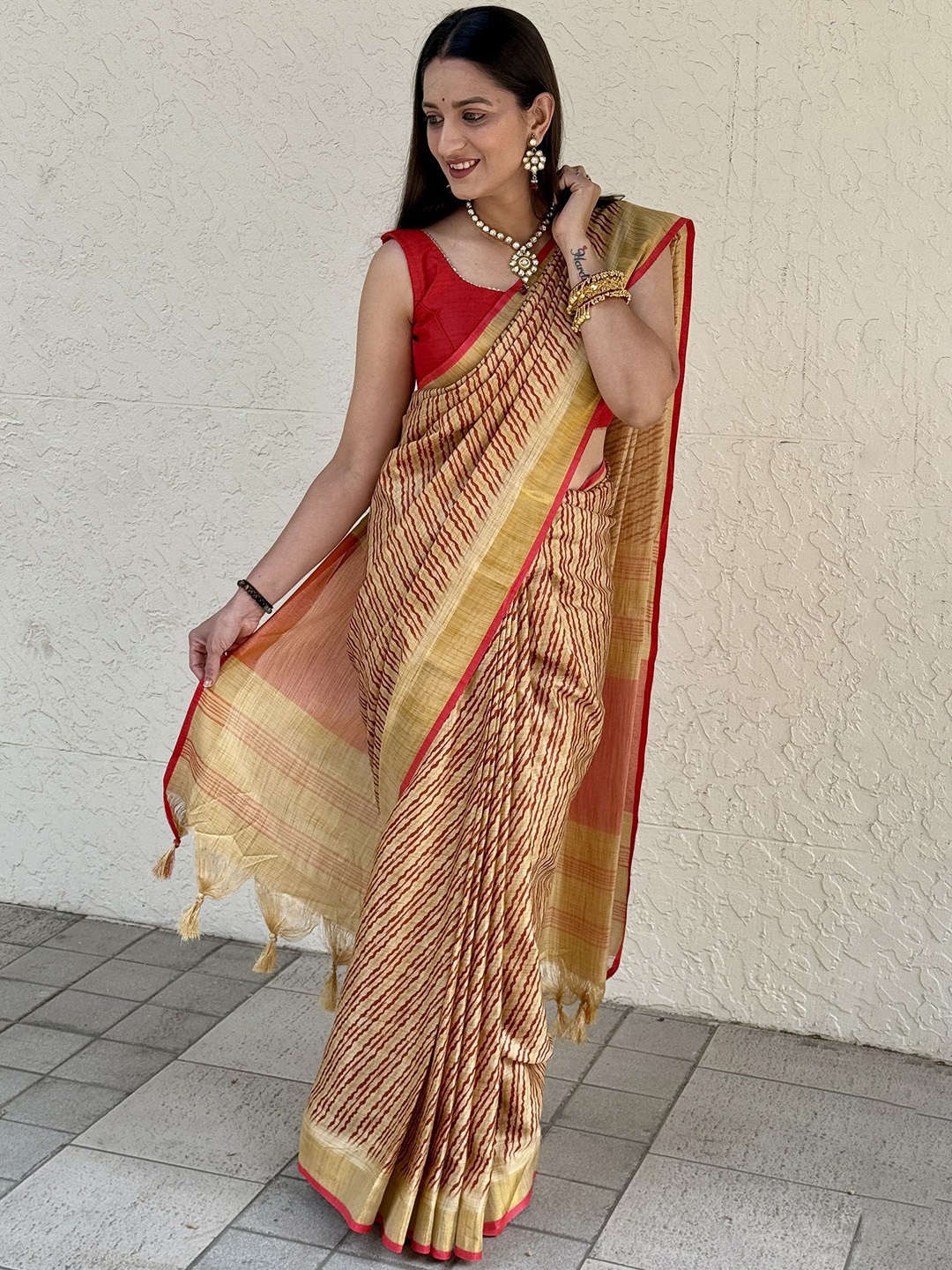 

Aika Striped Silk Cotton Chanderi Saree, Beige