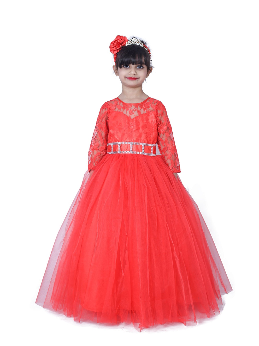 

Wow Princess Girls Lace Self Design Embellished Gown, Red