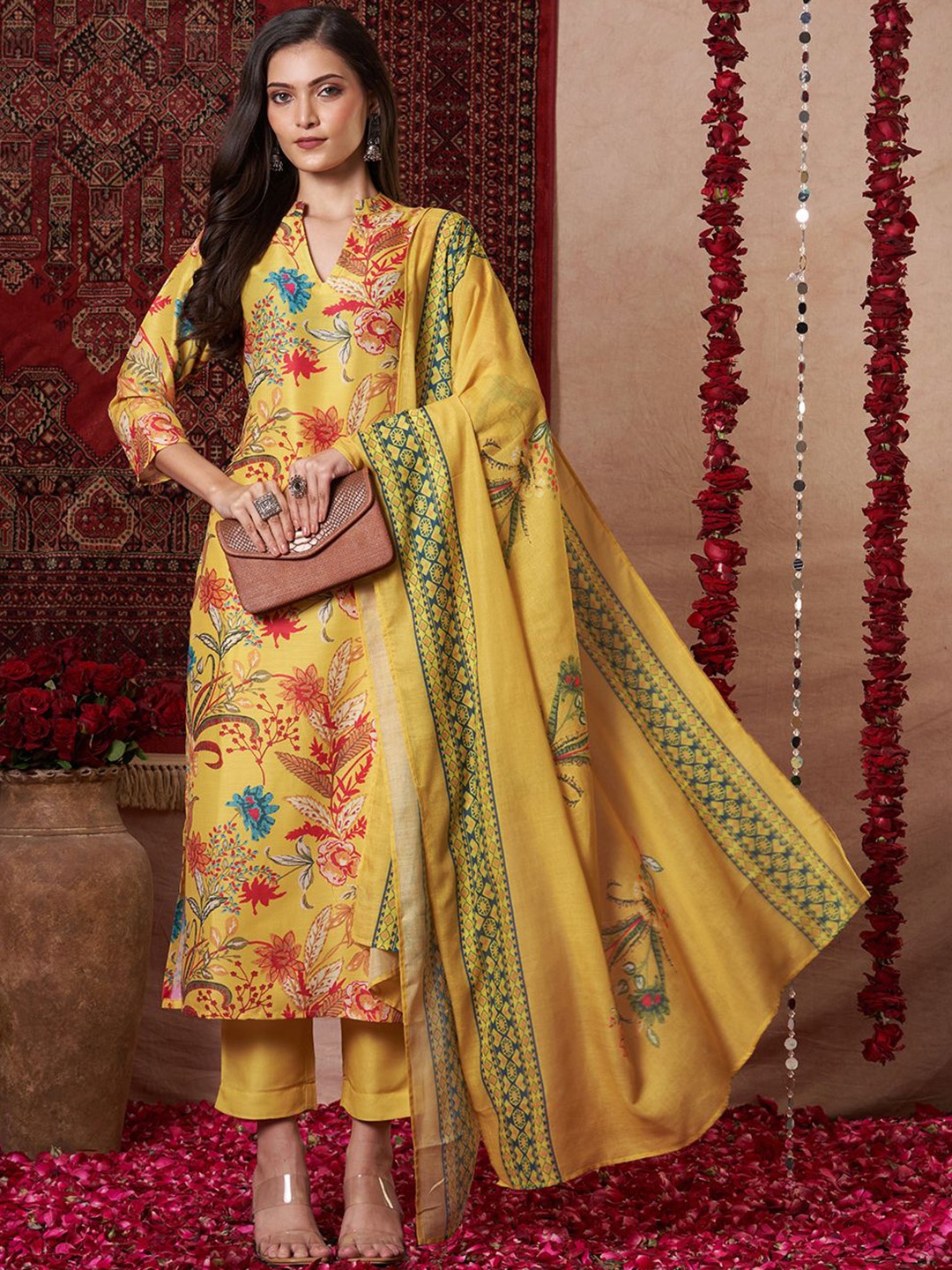 

Anni Designer Floral Printed Mandarin Collar Straight Kurta with Trousers & Dupatta, Mustard