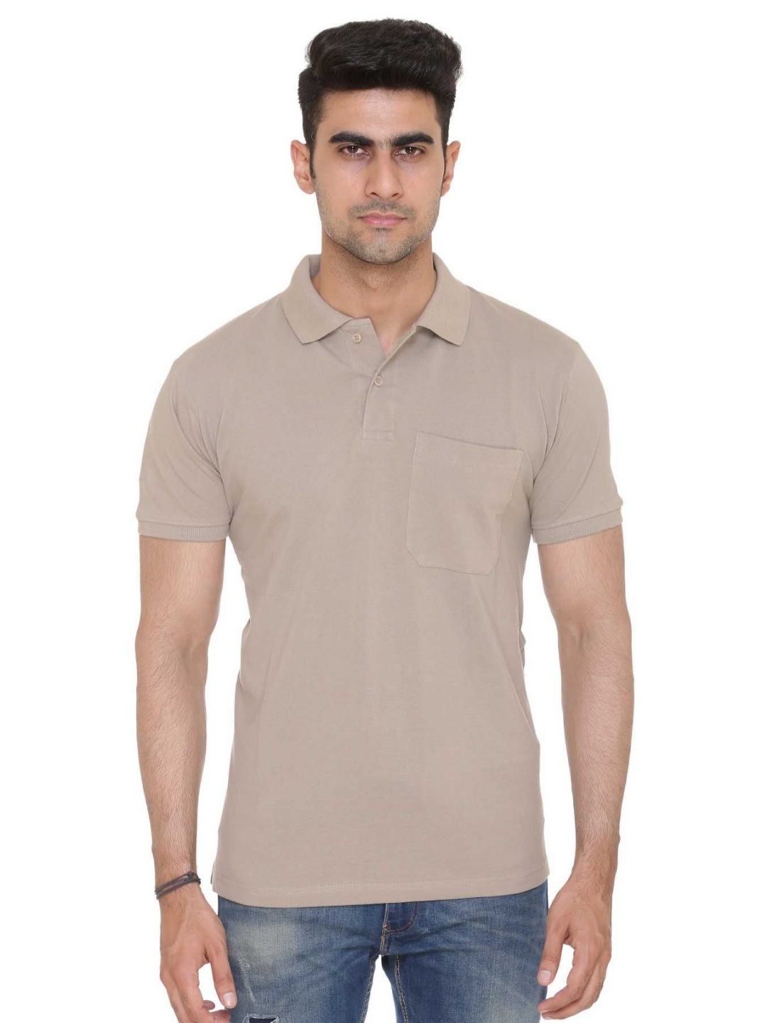 

Colors and Blends Men Solid Polo Collar Cotton T-shirt, Beige