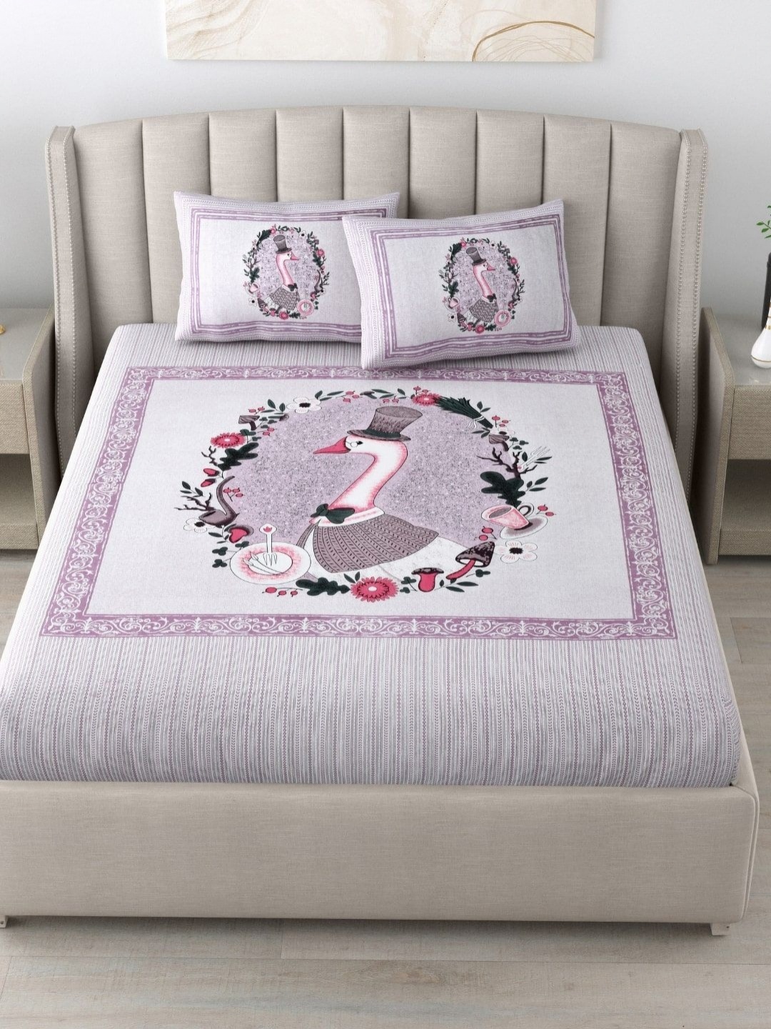 

BED-SHEET.COM Purple & Pink Floral Printed Cotton 180 TC King Bedsheet Set 2.28 m x 2.74 m