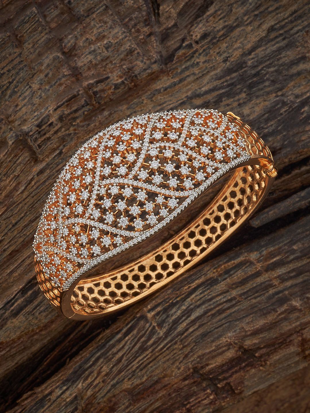 

Kushal's Fashion Jewellery Women White Cubic Zircon-Studded Kada Bangle, Gold