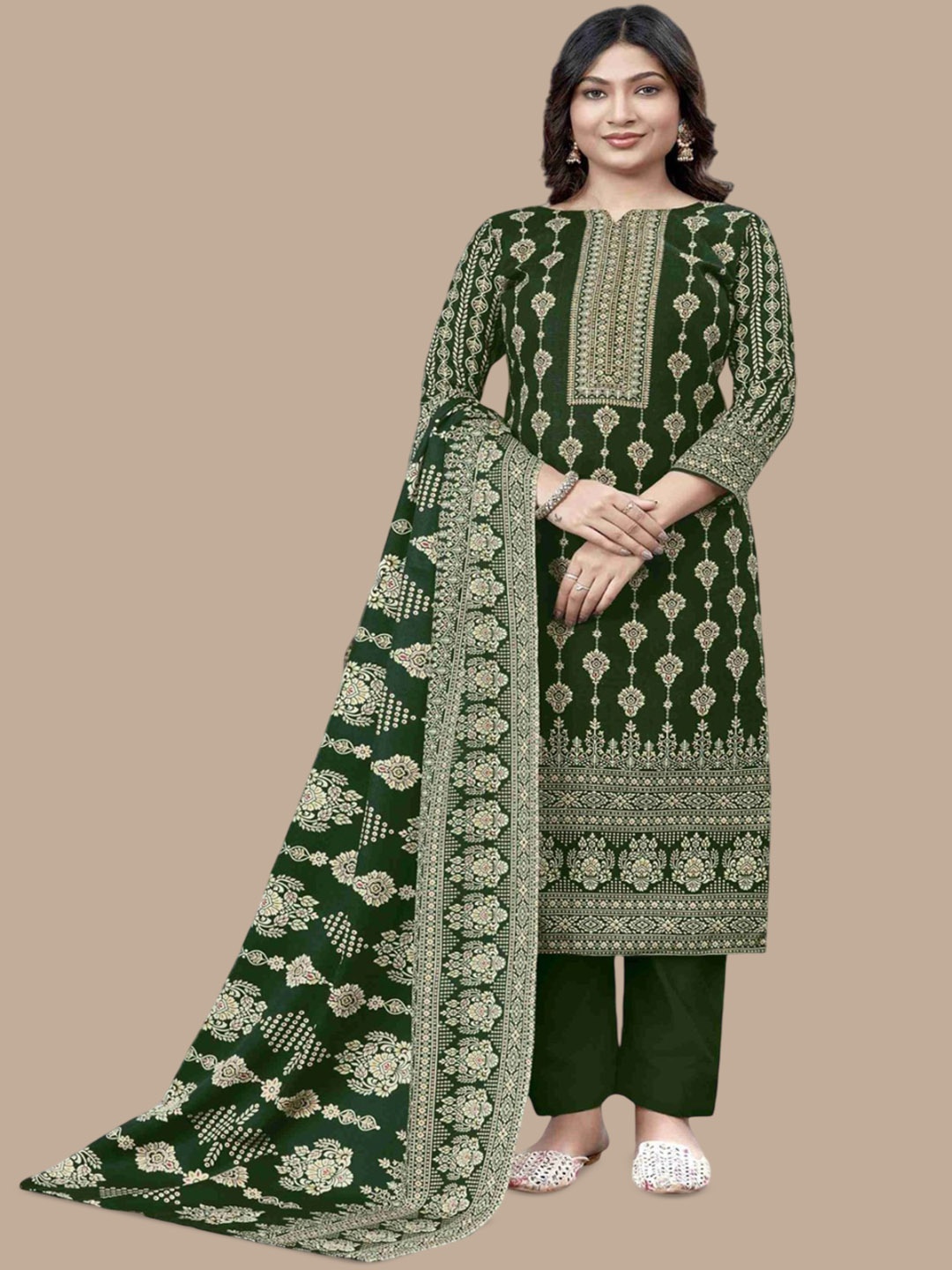 

DRAVINAM Trends Floral Printed Pashmina Unstitched Dress Material, Green