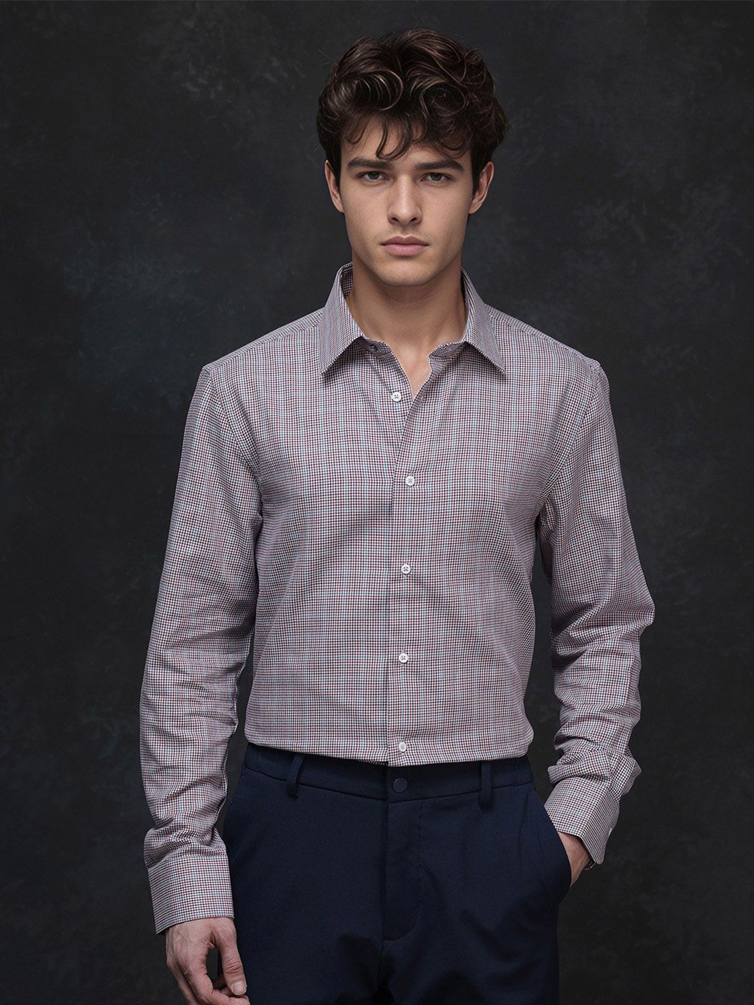 

RARE RABBIT Men Comfort Fit Spread Collar Tartan Checked Cotton Formal Shirt, White