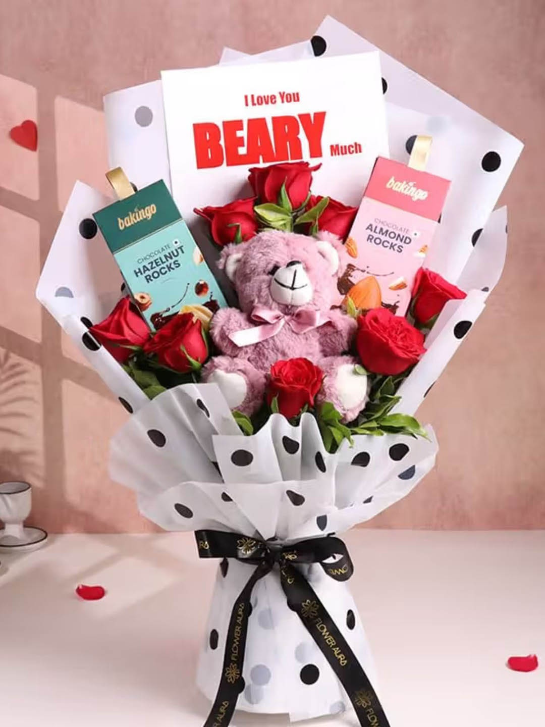 

Floweraura Flowers Bouquet 8 Red Roses With Set of 2 Chocolate & Teddy Bear, Multi