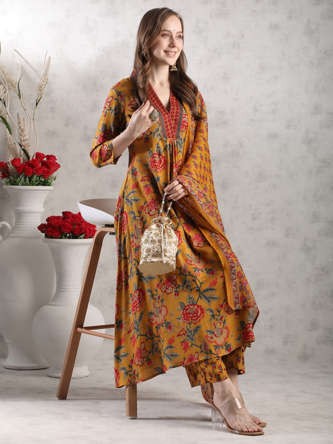 

DIVASTRI Cia Floral Printed V-Neck Pleated Anarkali Kurta With Palazzos & Dupatta, Yellow