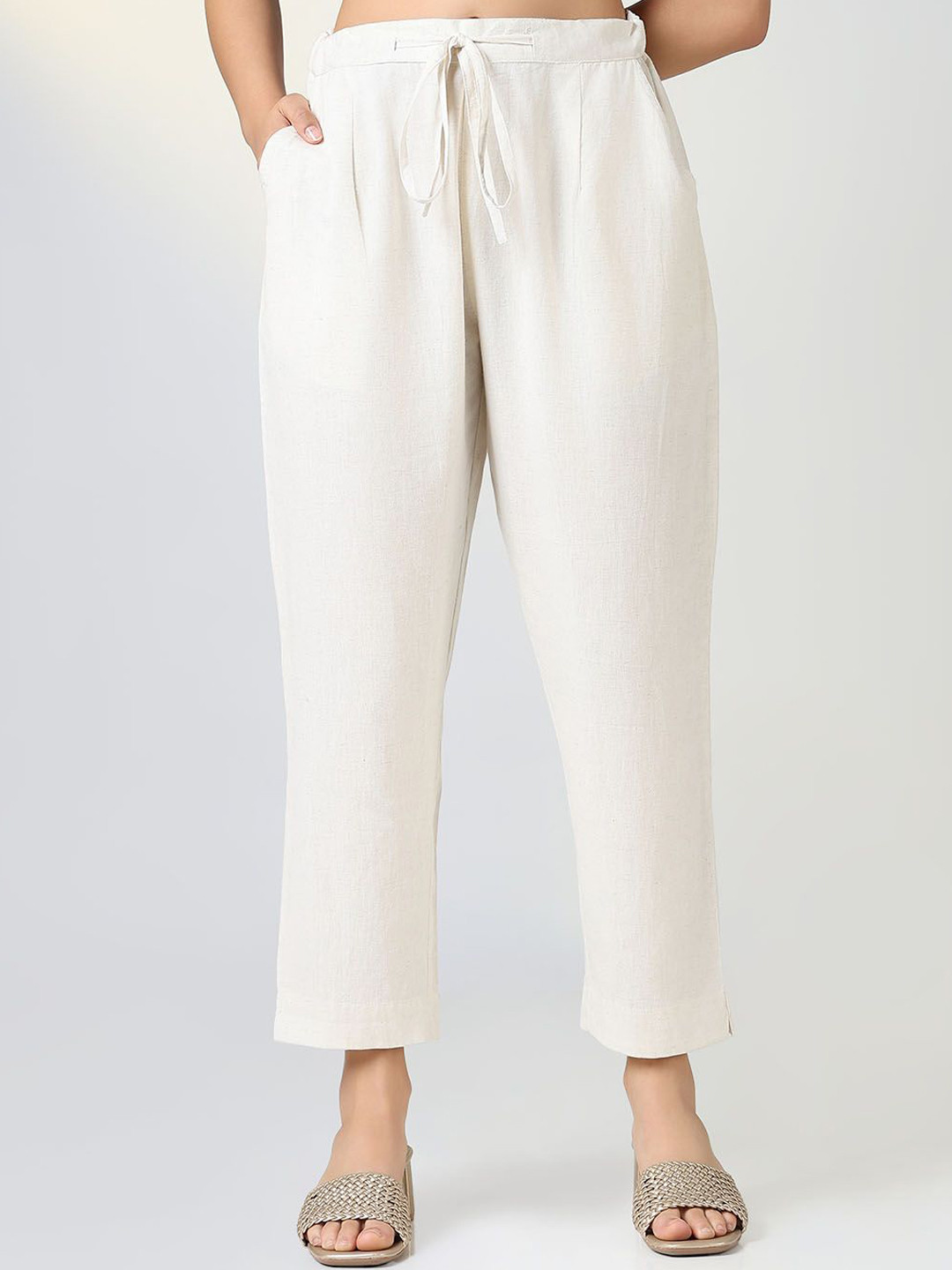 

SHOWOFF Women Custom Slim Fit Cotton Cigarette Trousers, Off white