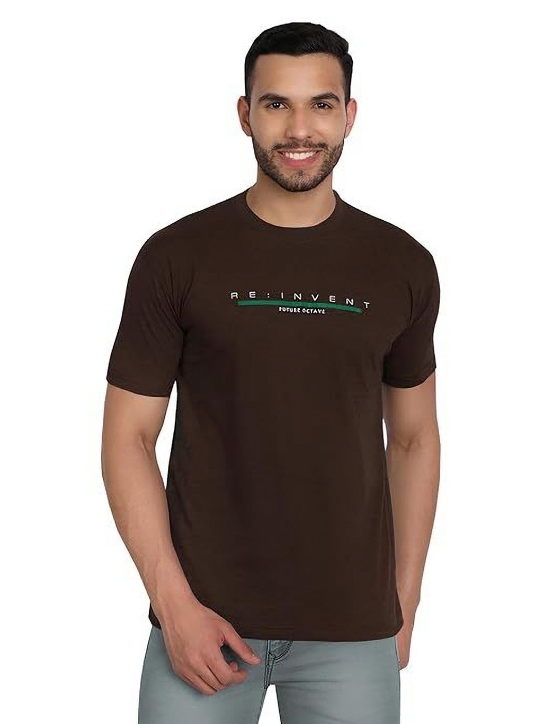 

BAESD Men Typography Printed Round Neck Cotton Slim Fit T-shirt, Brown