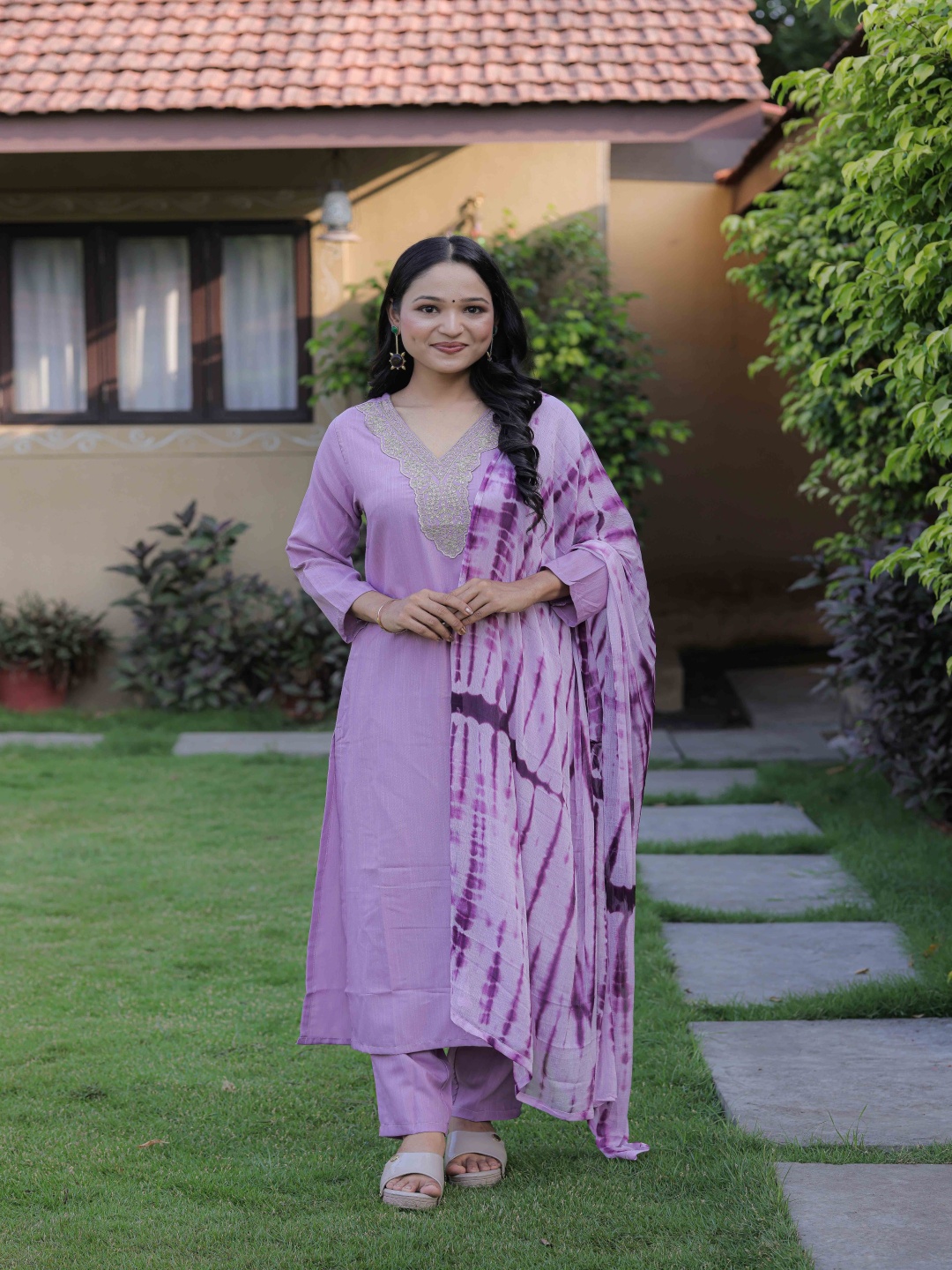 

RV CREATION Ethnic Motifs Embroidered V-Neck Straight Kurta With Trousers & Dupatta, Purple