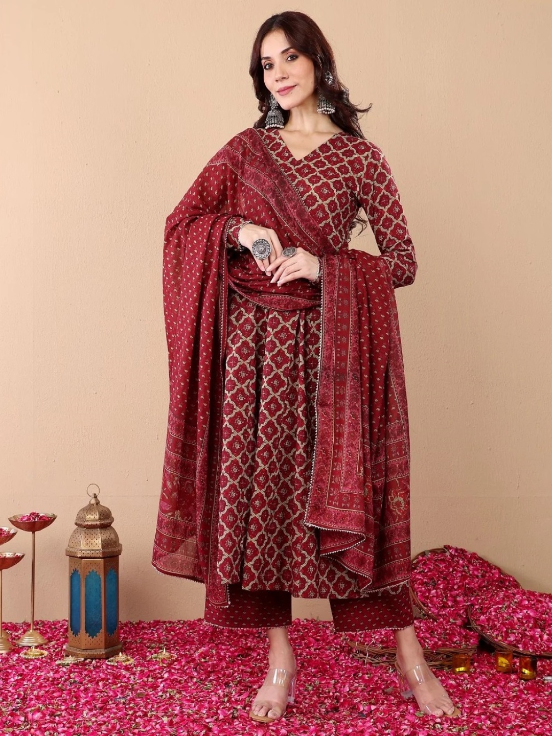 

KALINI Ethnic Motifs Printed V-Neck Anarkali Kurta With Trousers And Dupatta, Red