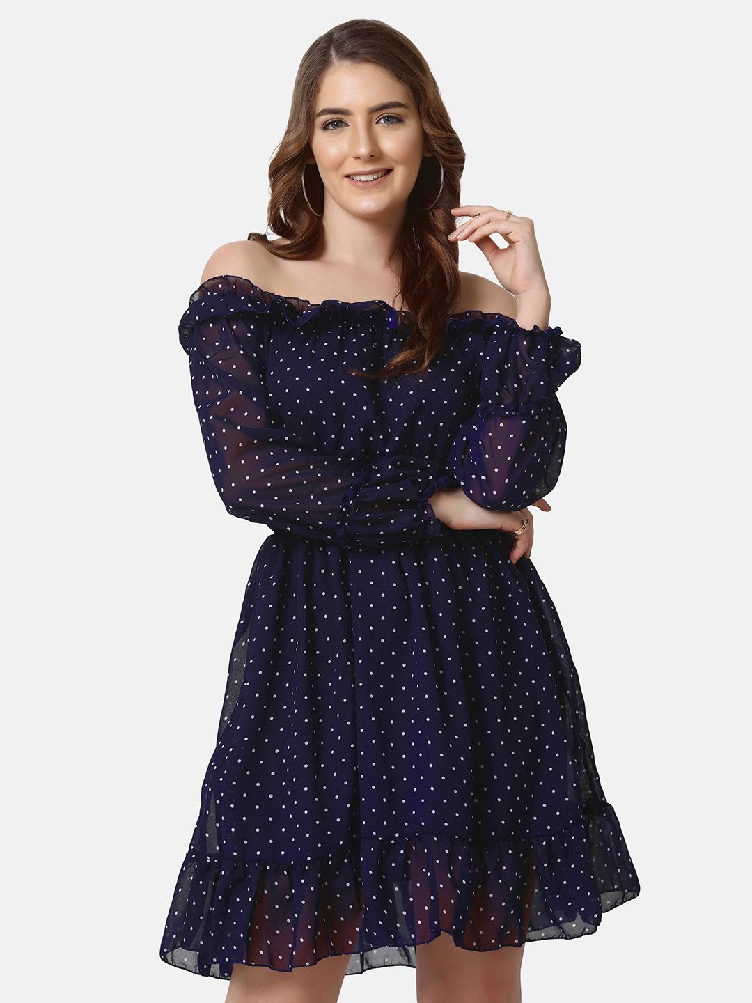 

BUY NEW TREND Polka Dot Print Off-Shoulder Puff Sleeve Georgette Fit & Flare Dress, Navy blue