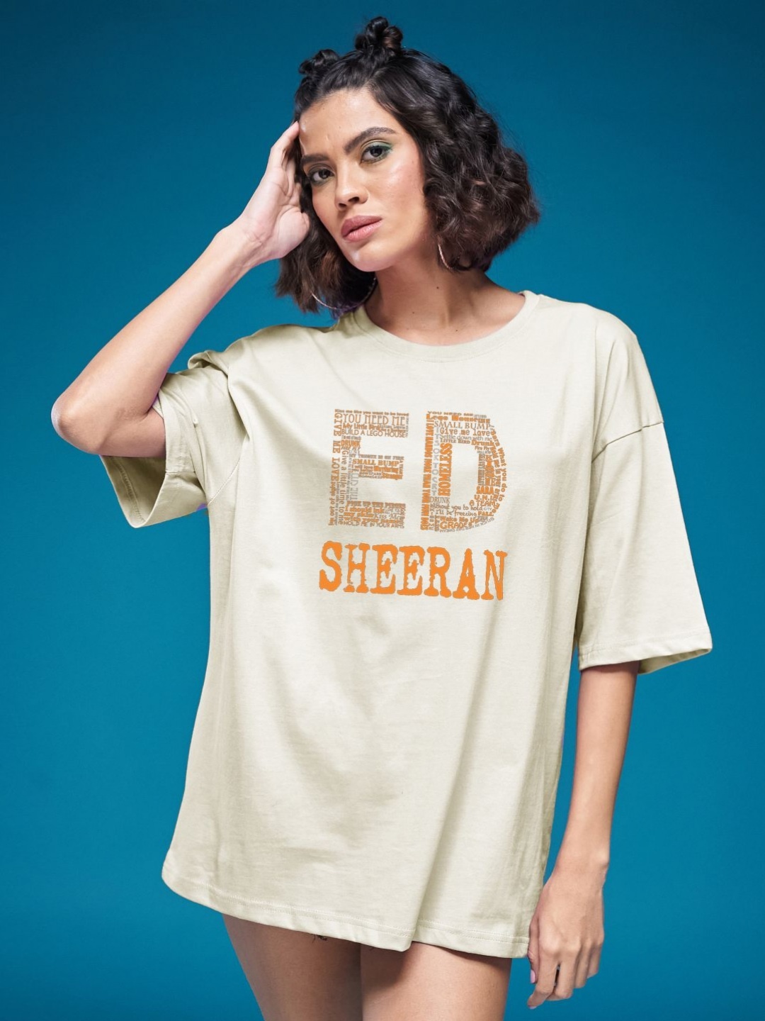

SMARTEES Women Graphic Printed Round Neck Cotton Oversized T-shirt, Beige