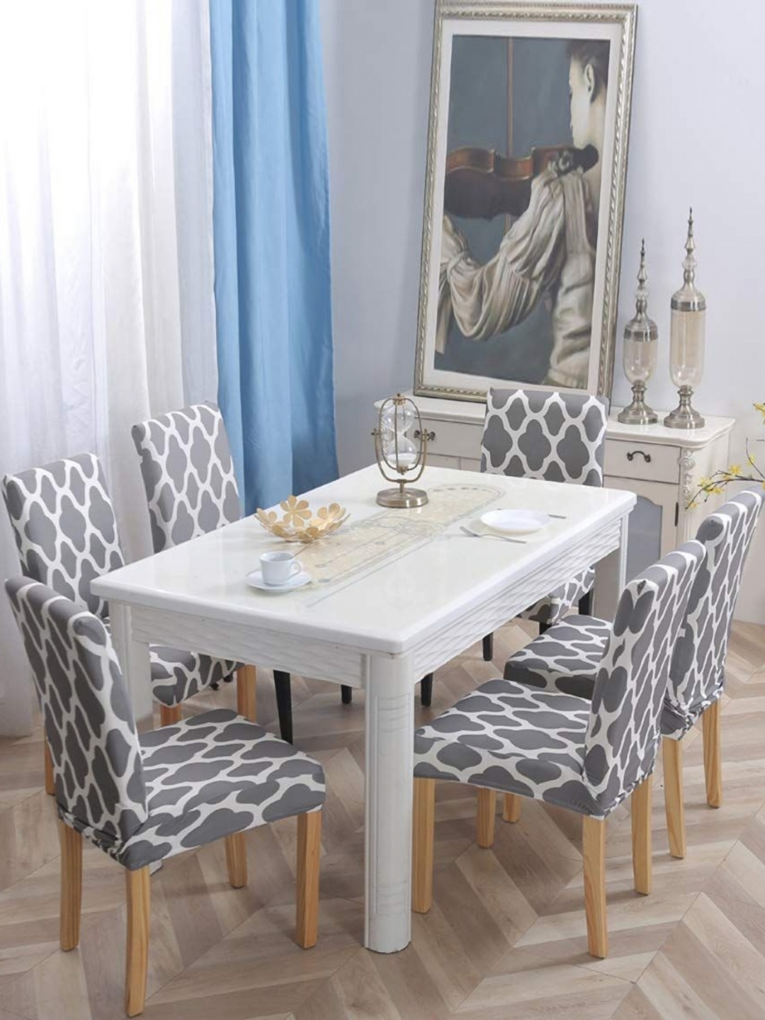 

FAVRIA Grey and White 6 Pieces Geometric Printed Dining Chair Covers