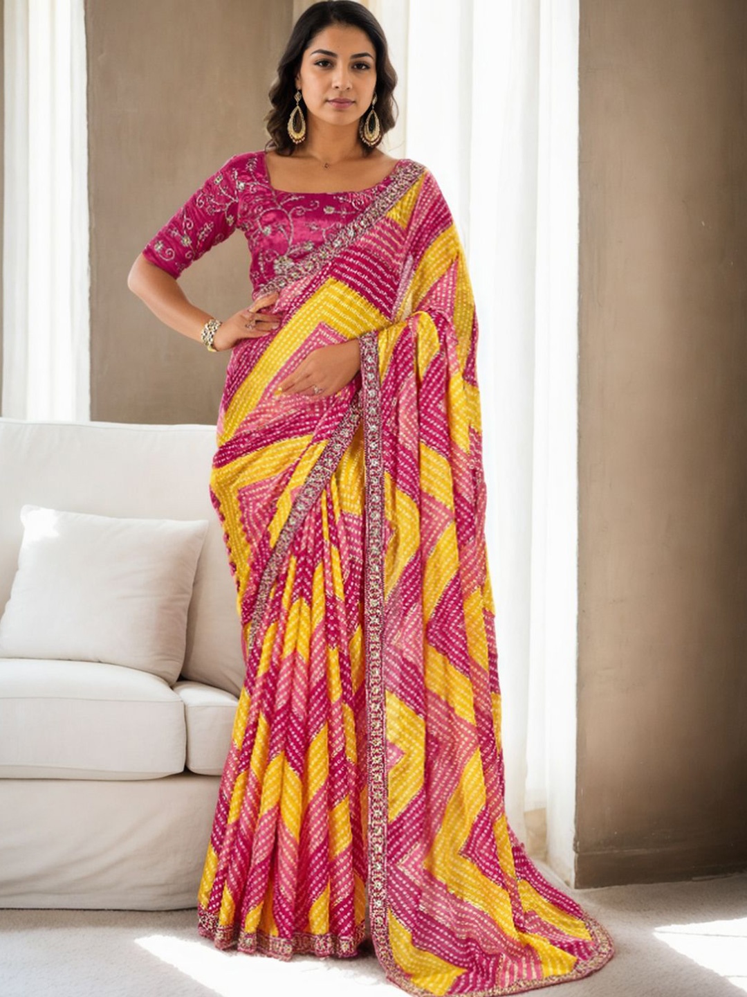 

Mitera Printed Embroidered Bandhani Saree, Pink