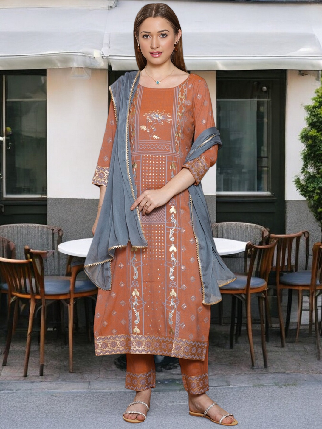 

True Shape Ethnic Motifs Printed Round Neck Cotton Straight Kurta With Trouser & Dupatta, Copper