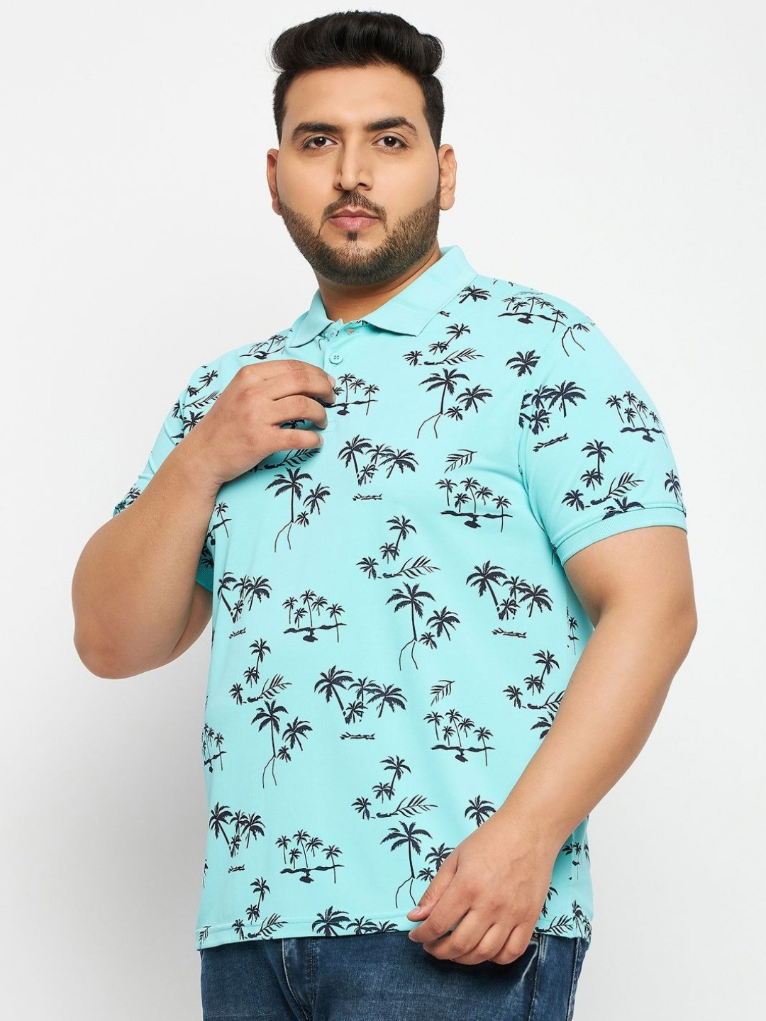 

AUXAMIS Men Conversational Printed Polo Collar Cotton T-shirt, Turquoise blue