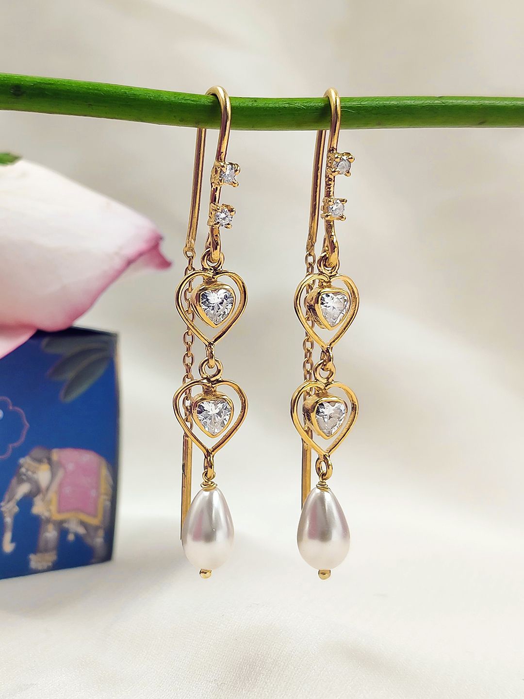 

Unniyarcha Gold-Plated 92.5 Silver Stone Studded & Beaded Heart Shaped Drop Earrings