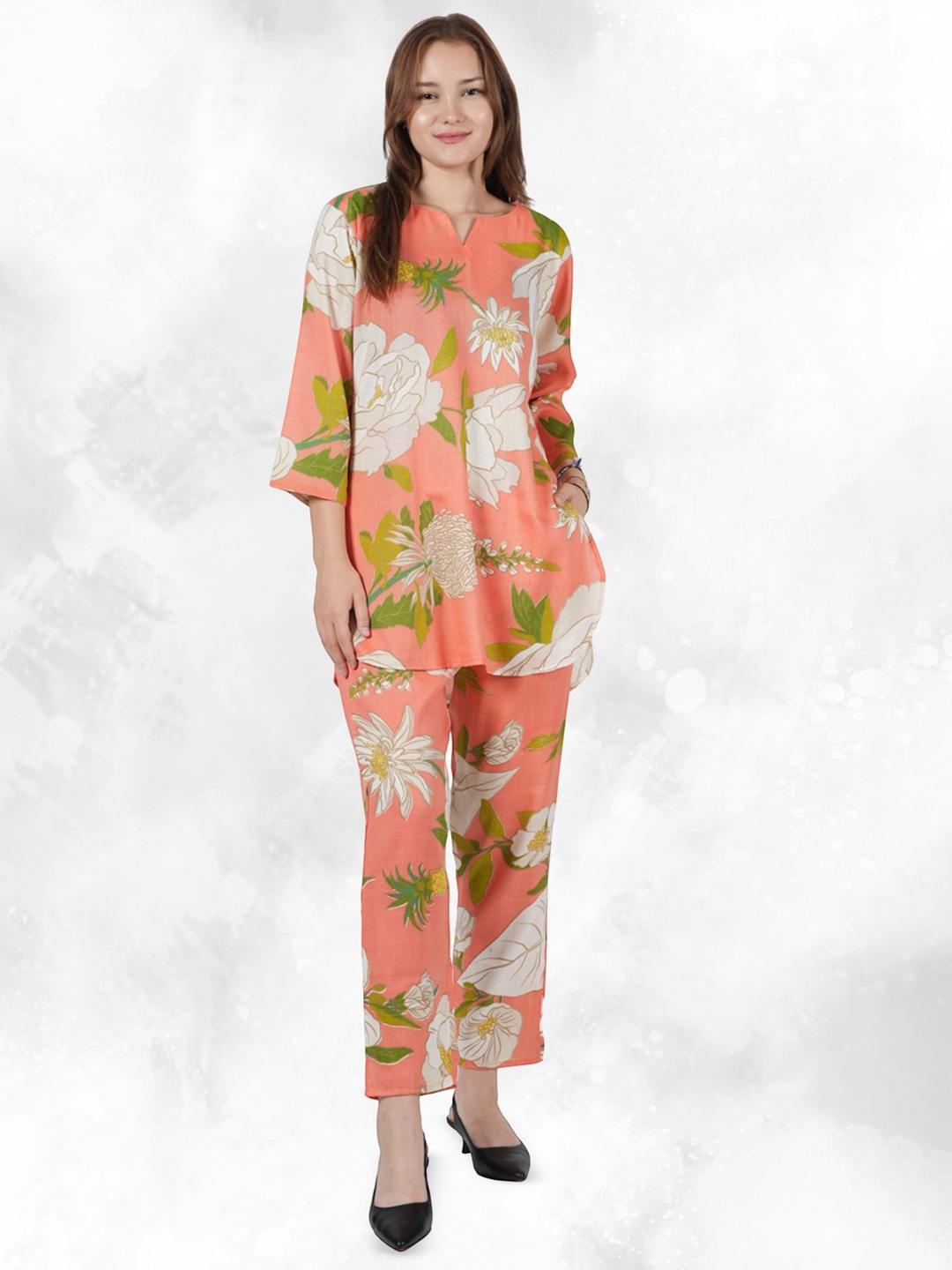 

BAESD Floral Printed Notch Neck Pure Cotton Tunic With Trouser, Peach