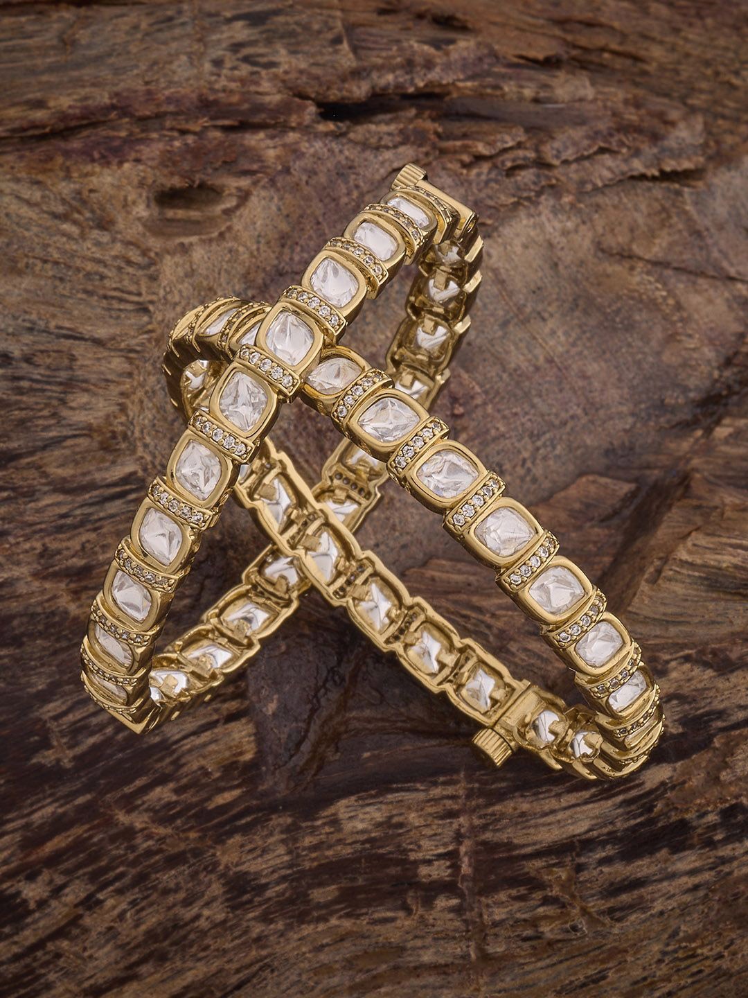

Kushal's Fashion Jewellery Set Of 2 Victorian-Plated Kundan-Studded Bangle, Gold