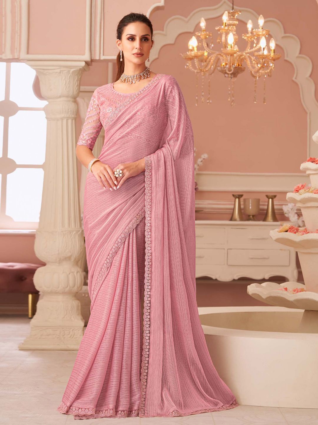 

Mitera Sequinned Pure Georgette Designer Saree, Pink