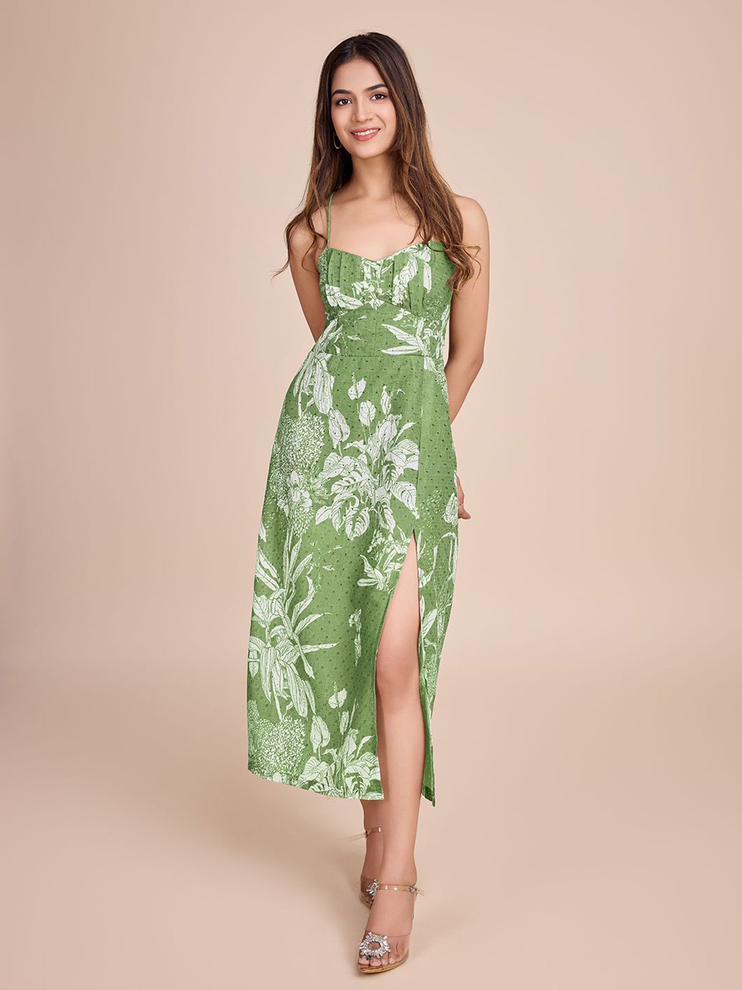 

HOUSE OF MIRA Tropical Print A-Line Midi Dress, Green