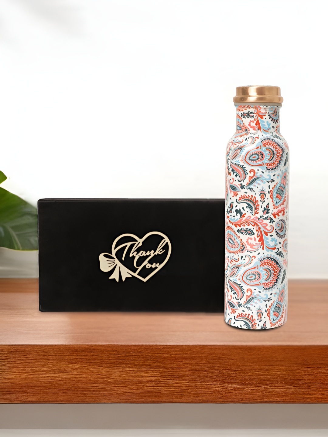 

INTERNATIONAL GIFT White Printed Pure Copper Water Bottle With Velvet Box & Bag - 950 ml