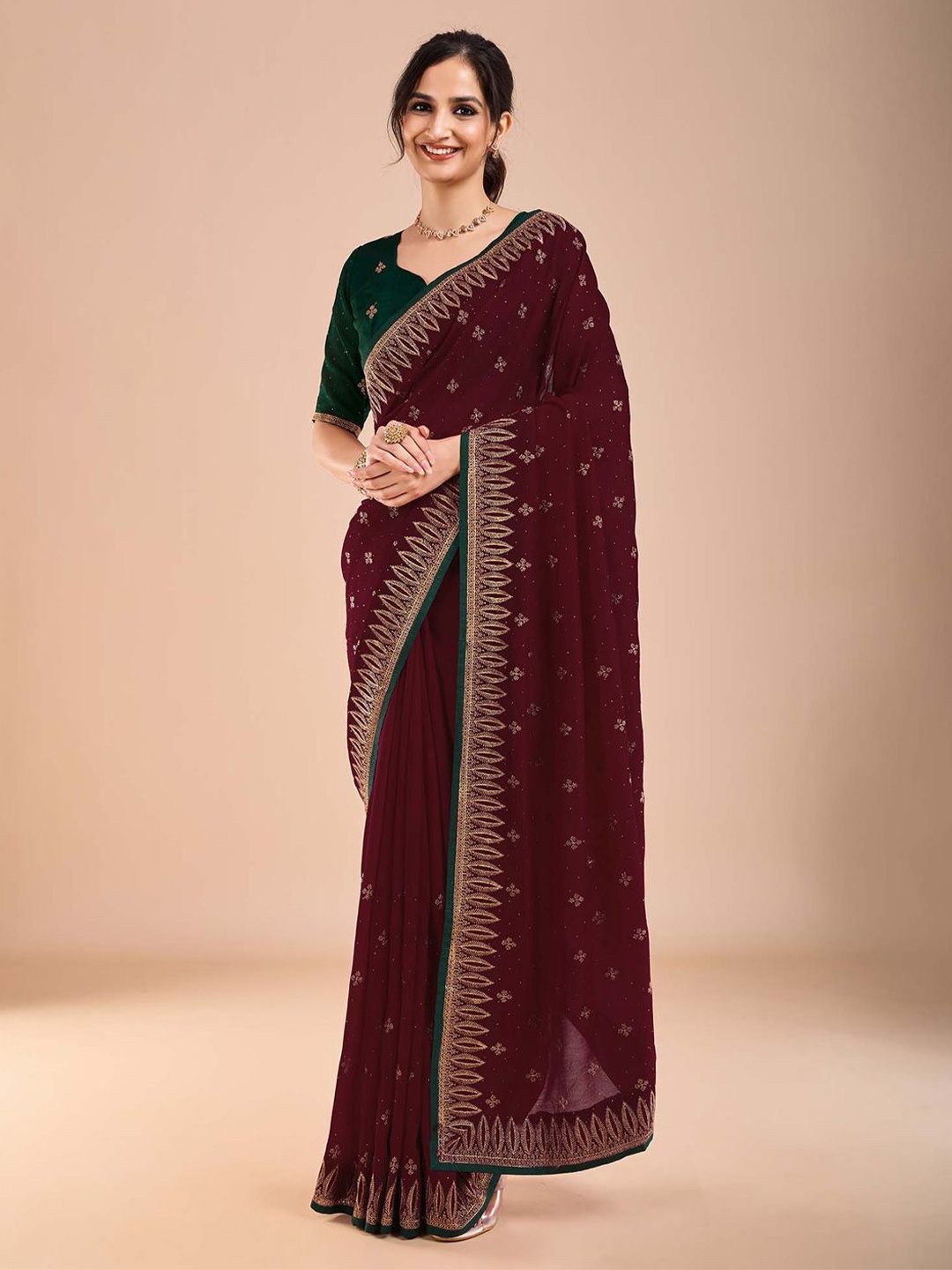 

Anouk Women Floral Beads and Stones Embroidered Saree, Maroon