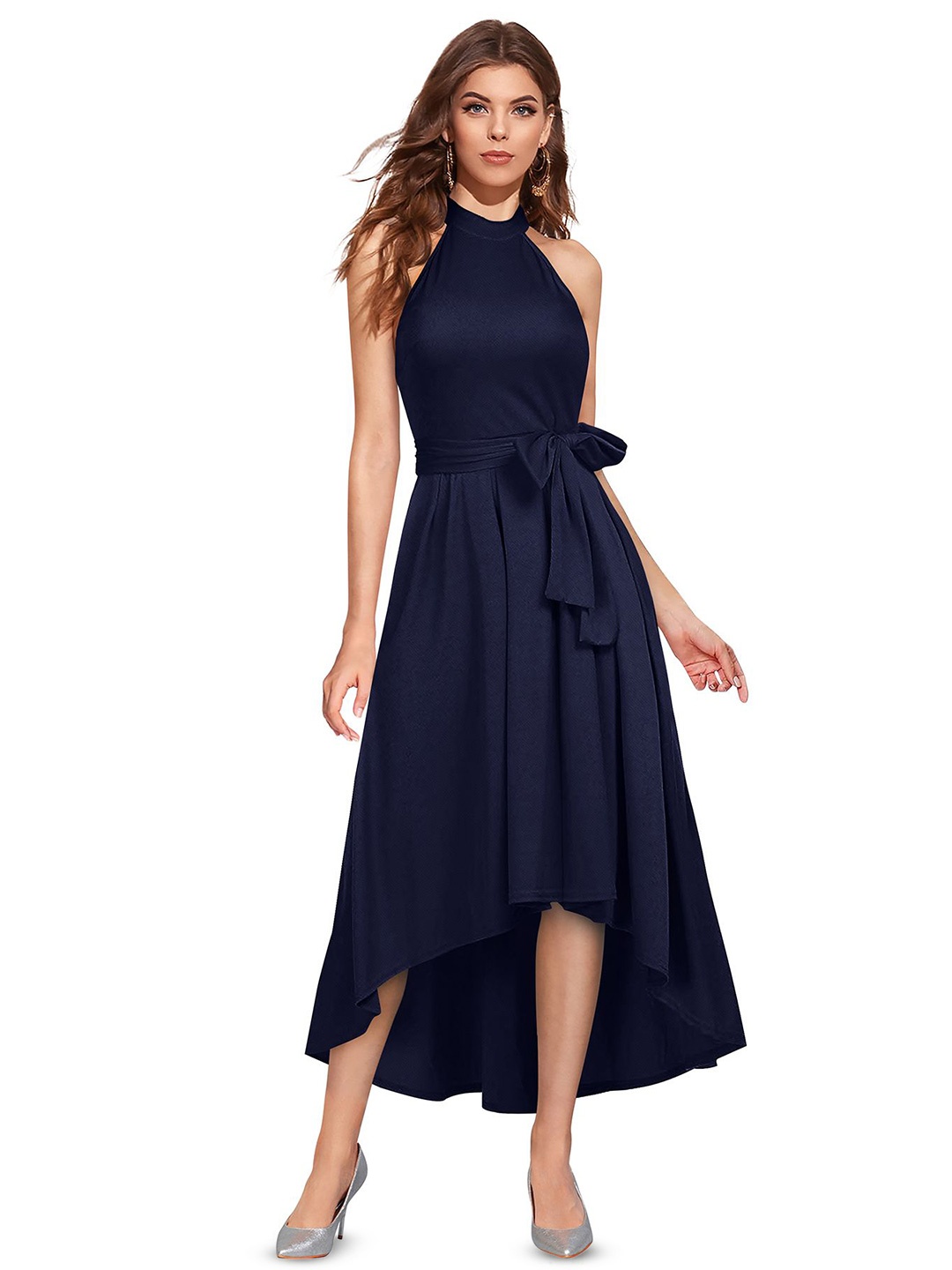 

SHOPONBIT Women Round Neck Fit & Flare Midi Dress, Blue