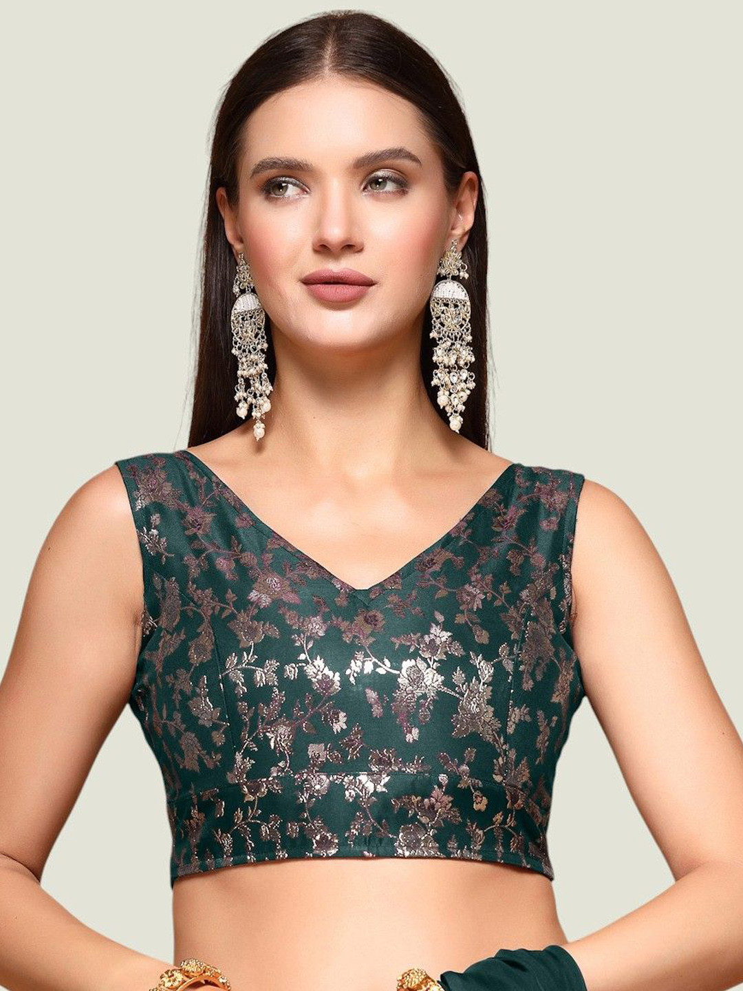 

Oomph! Self-Designed Jacquard Sleeveless Saree Blouse, Green