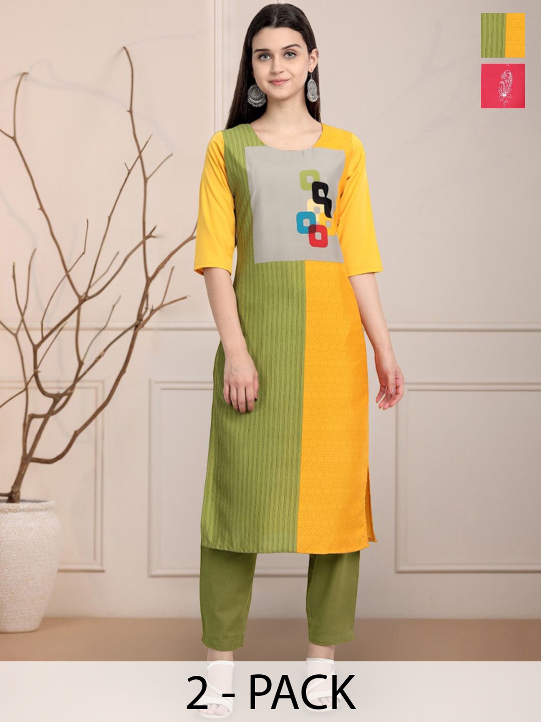 

Moda Rapido Green & Yellow Selection Of 2 Colourblocked Round Neck Straight Kurtas