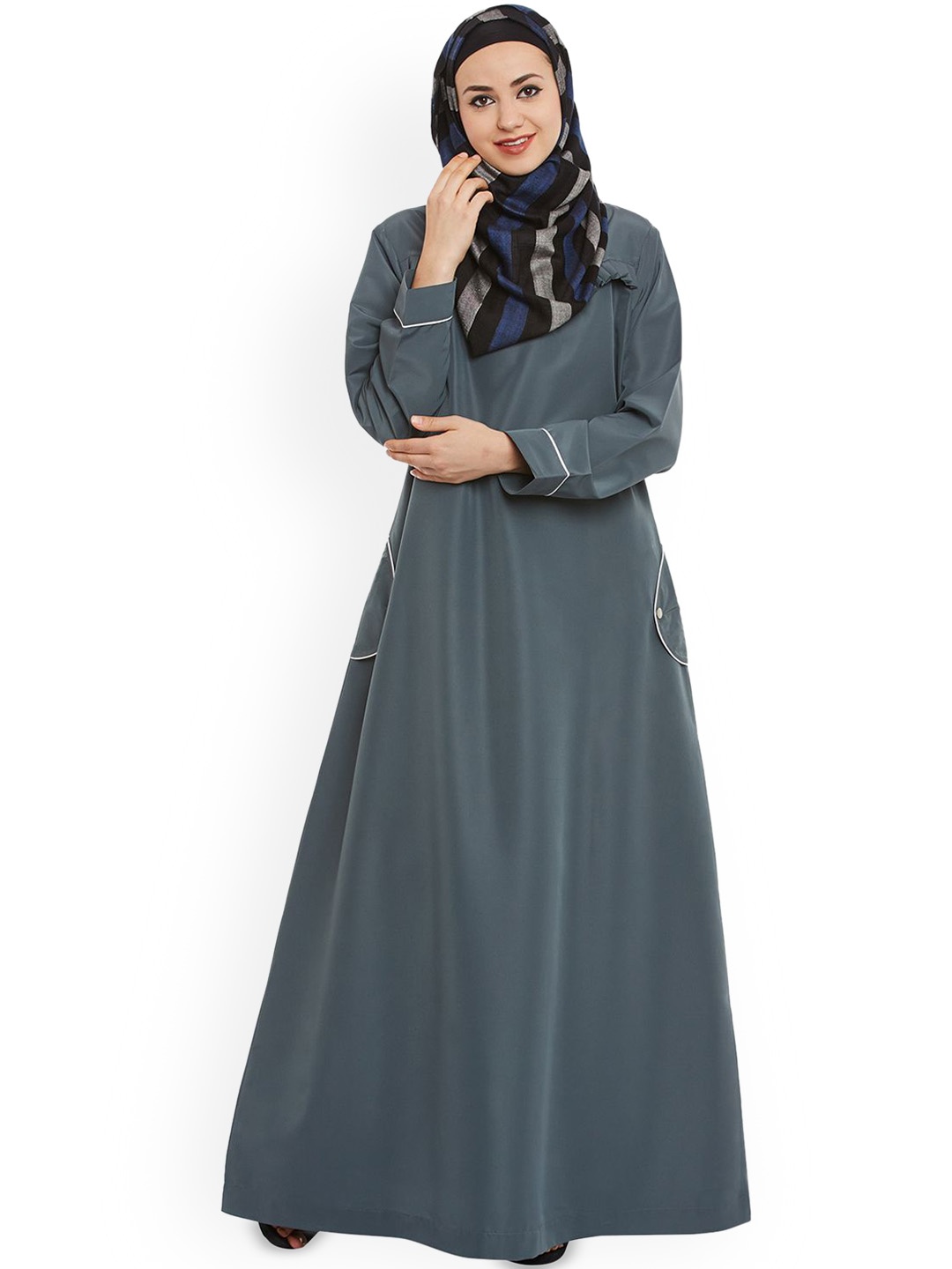 

MOMIN LIBAS Round Neck Front Frill Abaya, Grey