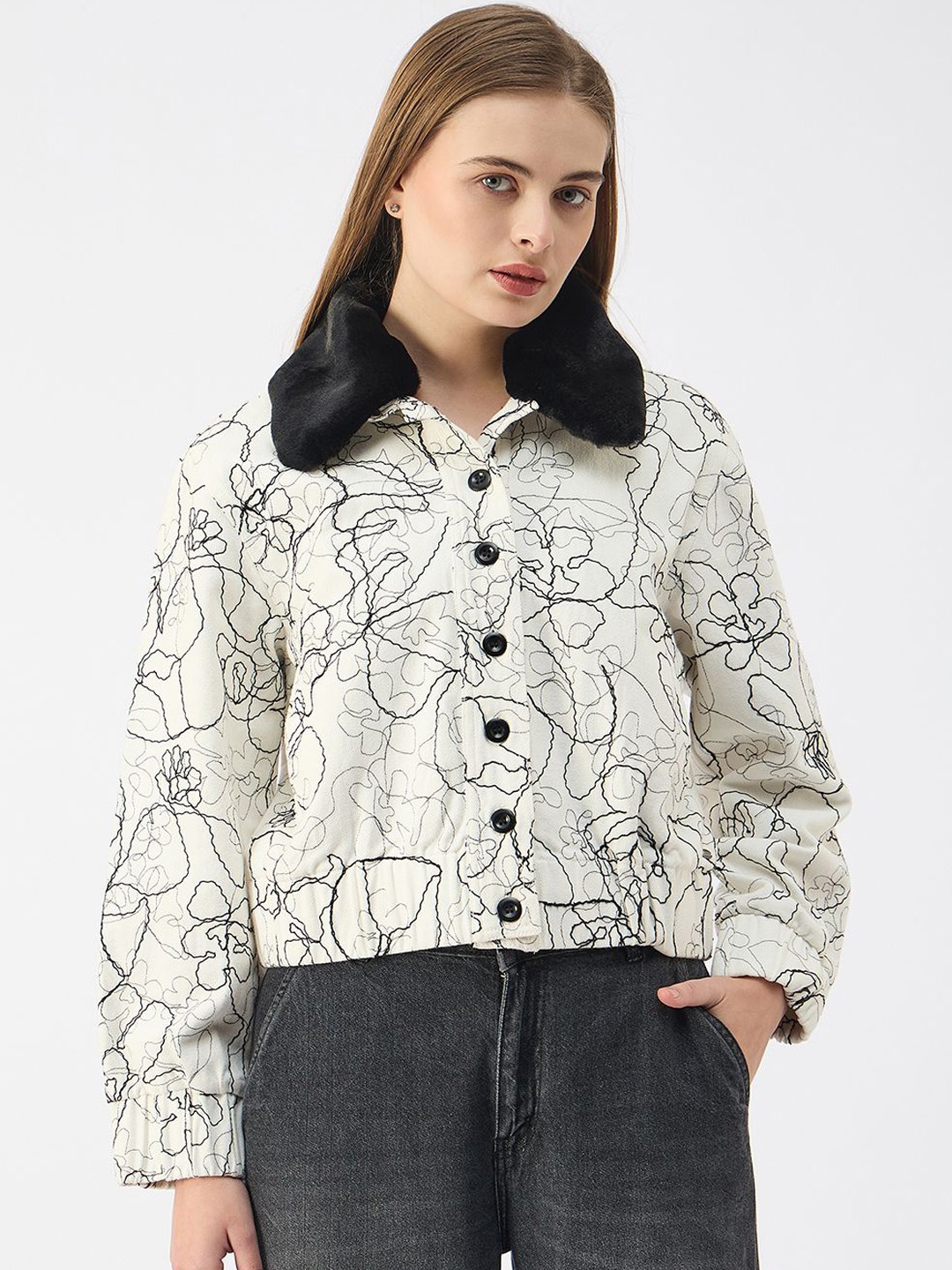 

ELLE Women Spread Collar Abstract Printed Casual Tailored Jacket, Cream
