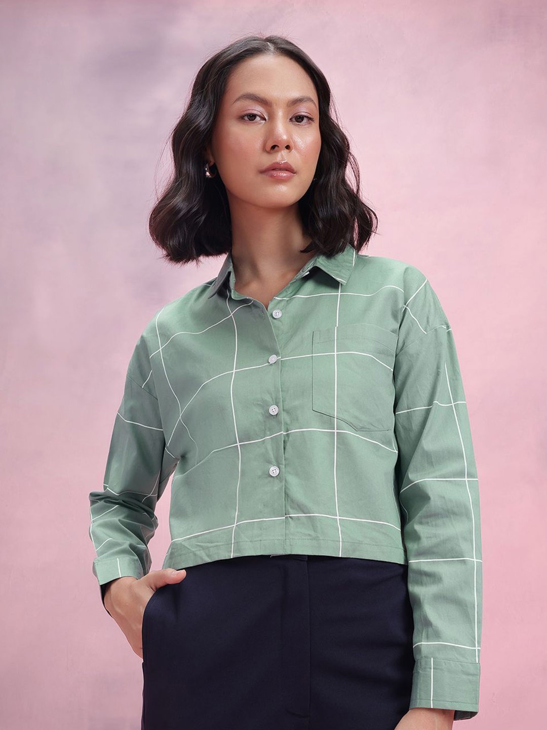 

DressBerry Women Classic Boxy Windowpane Checks Opaque Checked Casual Shirt, Green