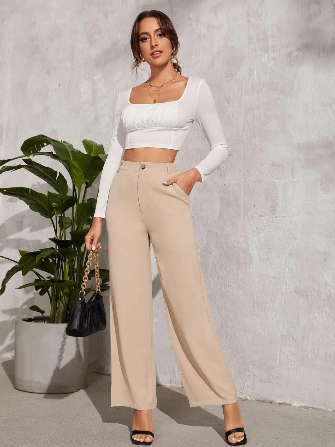 

FNOCKS Women Relaxed Straight Leg High-Rise Stain Resistant Trousers, Beige